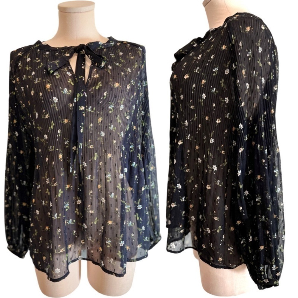 Mango Oversized See Through Navy Floral Long Sleeve Blouse